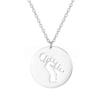 Non-Tarnish Flat Round with Hollow Microphone 304 Stainless Steel Pendant Necklaces for Women SE2751-1-1