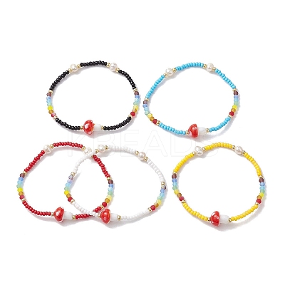 Glass Seed & Plastic Mushroom Beaded Stretch Bracelet for Women BJEW-JB10185-1