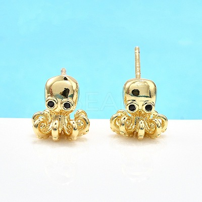 Octopus Brass Micro Pave Cubic Zirconia Stud Earrings EJEW-H157-02G-1