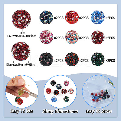 18Pcs 9 Colors Handmade Polymer Clay Pave Rhinestone Beads RB-TA0001-30-1