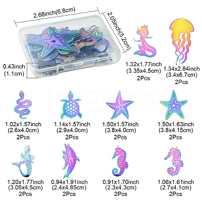 20Pcs 10 Styles Ion Plating(IP) 201 Stainless Steel Etched Metal Embellishments Pendants STAS-FS0001-52-1