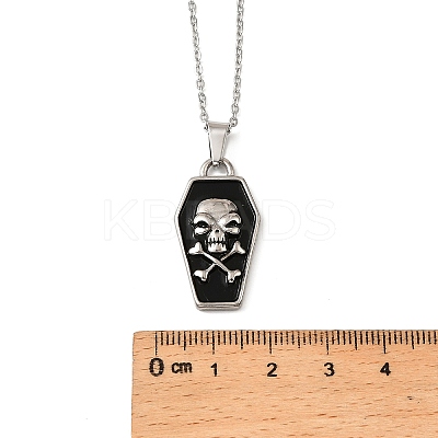 Halloween Theme 304 Stainless Steel Black Enamel Coffin with Skull Pendant Necklaces for Men NJEW-Z090-01P-1