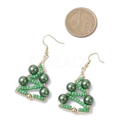 Christmas Tree Glass Pearl & Glass Seed Dangle Earrings EJEW-TA00720-1