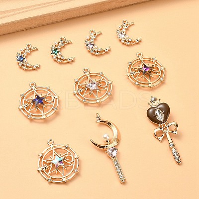10Pcs 10 Styles Zinc Alloy with Glass Rhinestone Pendants FIND-YW0004-27-1
