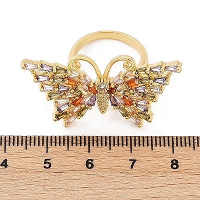 Butterfly Brass Micro Pave Colorful Cubic Zirconia Finger Rings for Women RJEW-G343-30G-01-1