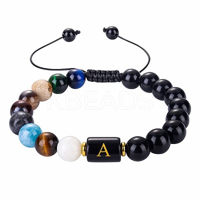 10MM Natural Black Obsidian Alphabet Beaded Braided Bracelets TO2319-1-1
