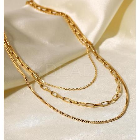 304 Stainless Steel Paperclip & Box Chains 3 Layer Necklaces JN1126A-1