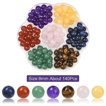 140Pcs 7 Styles Natural Green Aventurine & Lapis Lazuli & Rose Quartz & Carnelian & Tiger Eye &  Malaysia Jade & Yellow Jade Round Beads G-YW0002-61B-1