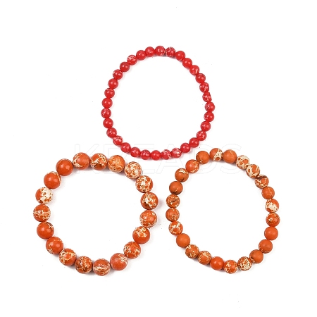 3Pcs 3 Size Synthetic Imperial Jasper Round Beaded Stretch Bracelets Set BJEW-SW00064-27-1