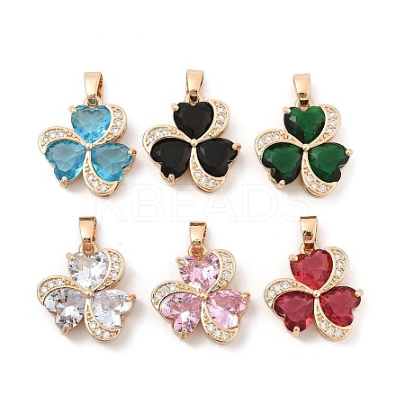 Rack Plating Leaf Brass Clear Cubic Zirconia With Glass Pendants KK-S407-18KCG-1