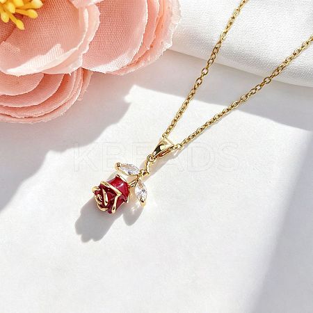 Brass Pave Clear Cubic Zirconia Enamel Rose Flower Pendant 304 Stainless Steel Cable Chain Necklaces for Women WG5C08E-03-1