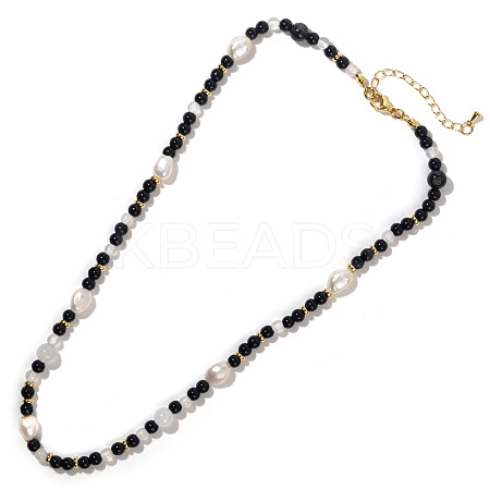 Round Natural Obsidian & Natural Freshwater Pearl & Brass Spacer Beaded Necklaces NN6807-1