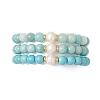 3Pcs Round Natural Amazonite & Synthetic Turquoise & Pearl Beaded Stackable Stretch Bracelets Sets BJEW-JB12991-1