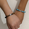 2Pcs 2 Styles Matte Natural Black Obsidian & Tiger Eye & Synthetic Turquoise Round Beads Stretch Bracelets IH5408-1