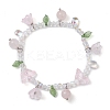 Natural Rose Quartz & Glass Beaded Stretch Bracelet with Flower Charms BJEW-JB10176-02-1