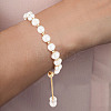 Dyed Natural Pearl & Brass Round Beaded Slider Bracelet BJEW-AN0001-02-4