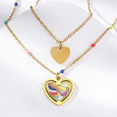 304 Stainless Steel & Plastic Colorful Heart Pendant Double Layer Necklaces for Women NJEW-U032-11G-1