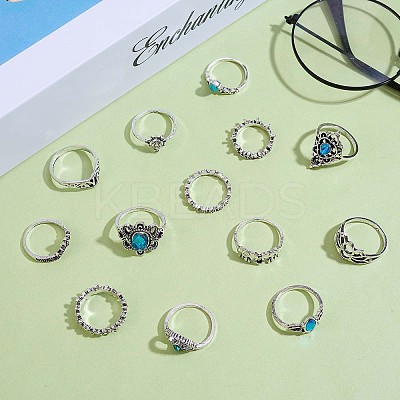 13Pcs 13 Style Aquamarine Rhinestone Tortoise & Elephant & Lotus & Crown Finger Rings Set JR939A-1