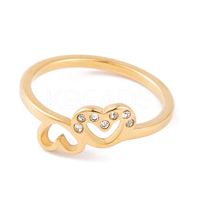 304 Stainless Steel with Rhinestone Heart Finger Ring for Women RJEW-C086-11-G-1