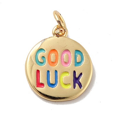 Flat Round with Word Good Luck Brass Enamel Pendants LS-KK-G419-27G-1