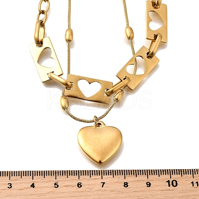 304 Stainless Steel Hollow Heart Pendant Double Layer Necklaces for Women NJEW-F341-01G-1