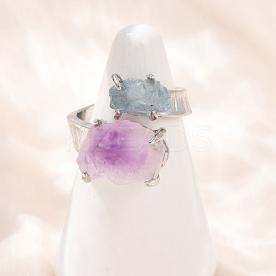 Nuggets Natural Amethyst & Aquamarine Open Cuff Rings RJEW-K286-12P-02-1