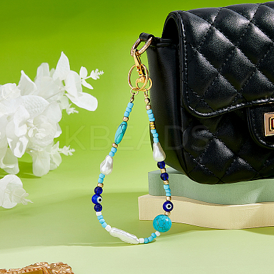 Glass & Synthetic Turquoise & ABS Plastic Imitation Pearl Keychain HJEW-FH00142-1