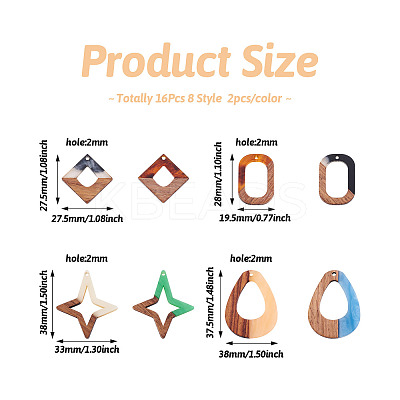 16Pcs 8 Style Opaque Resin & Walnut Wood Pendants RESI-CW0001-15-1