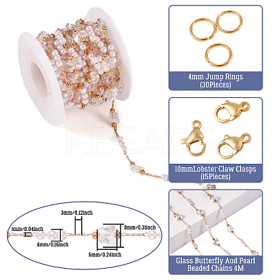 DIY Brass Glass Butterfly and Plastic Imitation Pearl Beaded Chains Necklace Jewelry Kits DIY-TA0010-49-1