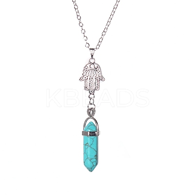Aolly Hamsa Hand & Synthetic Turquoise Bullet Pendant Necklace PW-WG51914-01-1