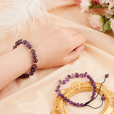 2Pcs 2 Style Natural Amethyst Beaded Stretch Bracelets Set BJEW-OC0001-12-1