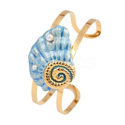Shell Shape 304 Stainless Steel Enamel Cuff Bangles for Women BJEW-A049-04A-G-1