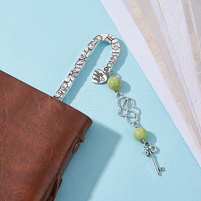 Mother's Day Key & Infinity Love Heart Pendant Bookmark with Natural Mashan Jade AJEW-JK00259-05-1