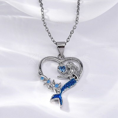 Brass Blue Cubic Zirconia Mermaid Heart Pendant Necklaces for Women LS-NJEW-C067-04P-1