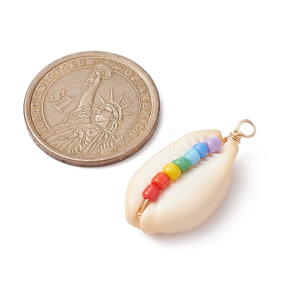 Natural Cowrie Shell Copper Wire Wrapped Pendants PALLOY-JF02302-1