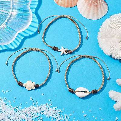 3Pcs 3 Styles Turtle & Starfish Dyed Synthetic Turquoise & Cowrie Shell Braided Bead Bracelet Sets BJEW-JB10281-1
