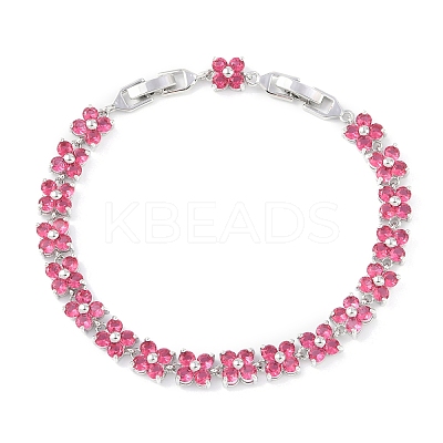 Noble Gift Ideas for Lady Platinum Tone Brass Micro Pave Cubic Zirconia CZ Flower Link Chain Bracelets BJEW-L472-07-1-1