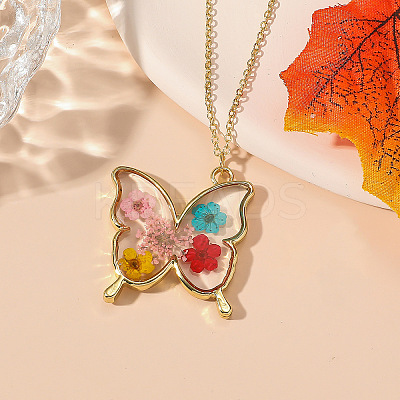Valentine's Day Alloy Epoxy Resin Butterfly Inner Dried Flower Pendant Necklaces for Women FS-WGBF0A7-02-1