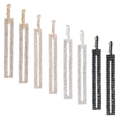 4 Pairs 4 Colors Rhinestone Hollow Rectangle Dangle Hoop Earrings EJEW-FI0002-67-1