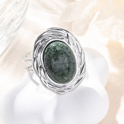 Oval Natural Moss Agate Finger Rings RJEW-M063-01P-08-1