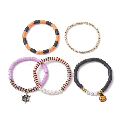 5Pcs Halloween Handmade Polymer Clay & Acrylic Beaded Stretch Bracelets Kit BJEW-TA00480-1