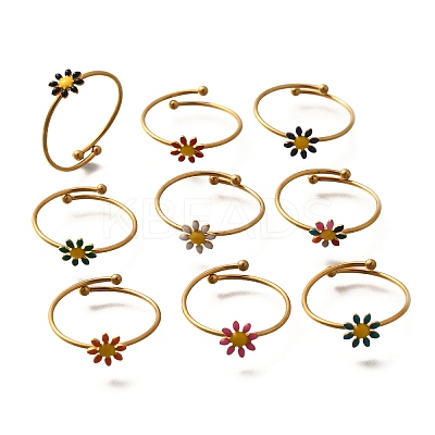 Daisy 304 Stainless Steel Enamel Open Cuff Rings for Women RJEW-M061-01G-M-1