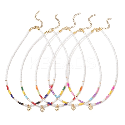 Valentine's Day 304 Stainless Steel Heart Pendant Glass Seed Beaded Necklaces for Women NJEW-MZ00146-1