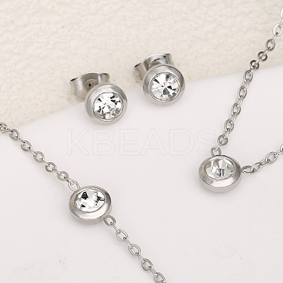 Flat Round 304 Stainless Steel Pave Clear Cubic Zirconia Link Bracelets & Stud Earrings & Pendant Necklaces FS-WG23E56-02-1