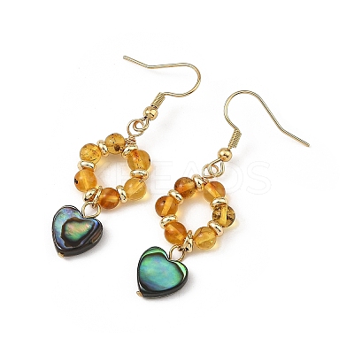 Heart Natural Amber & Abalone Shell/Paua Shell Dangle Earrings EJEW-JE07358-02-1