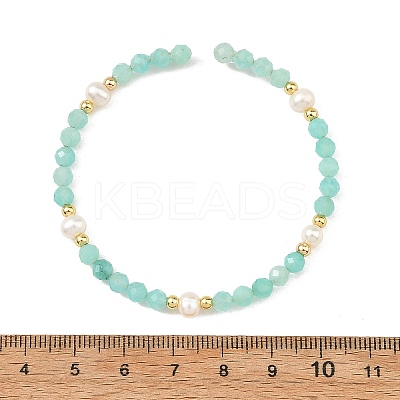 4MM Faceted Round Natural Amazonite and Pearl Beaded Cuff Bangles BJEW-JB14470-1