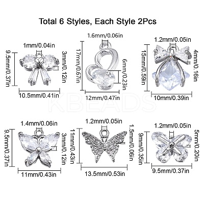 12Pcs 6 Style Brass Inlaid Clear Cubic Zirconia Charms ZIRC-SC0001-12-1