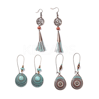 3 Pairs 3 Style Alloy Flat Round & Oval & Teardrop Boho Dangle Earrings with Synthetic Turquoise EJEW-P200-04R-1
