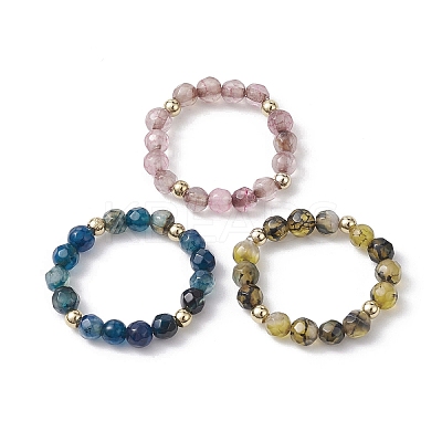 3Pcs Natural Agate Faceted Round Stretch Finger Rings RJEW-JR00637-1