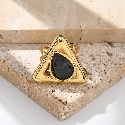 Triangle 304 Stainless Steel Rhinestone Open Cuff Rings for Women LS-RJEW-M048-03P-1